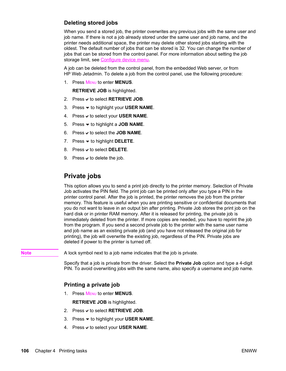 Private jobs | HP Color LaserJet 4650 Printer series User Manual | Page 120 / 276