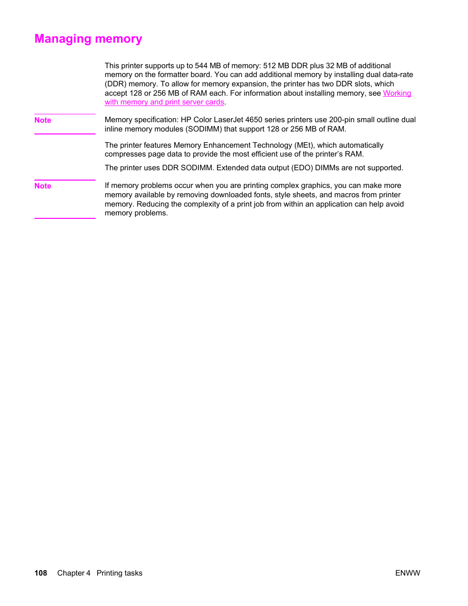 Managing memory | HP Color LaserJet 4650 Printer series User Manual | Page 122 / 276