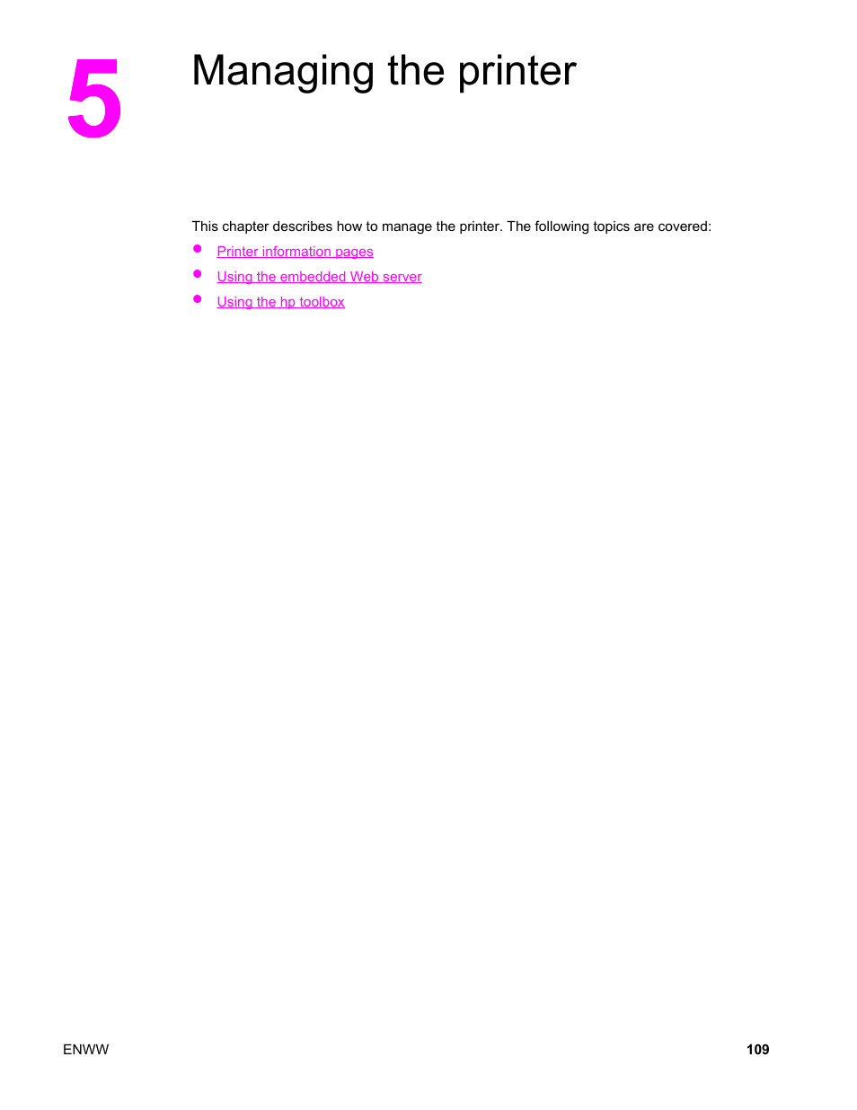 Managing the printer, 5 managing the printer | HP Color LaserJet 4650 Printer series User Manual | Page 123 / 276