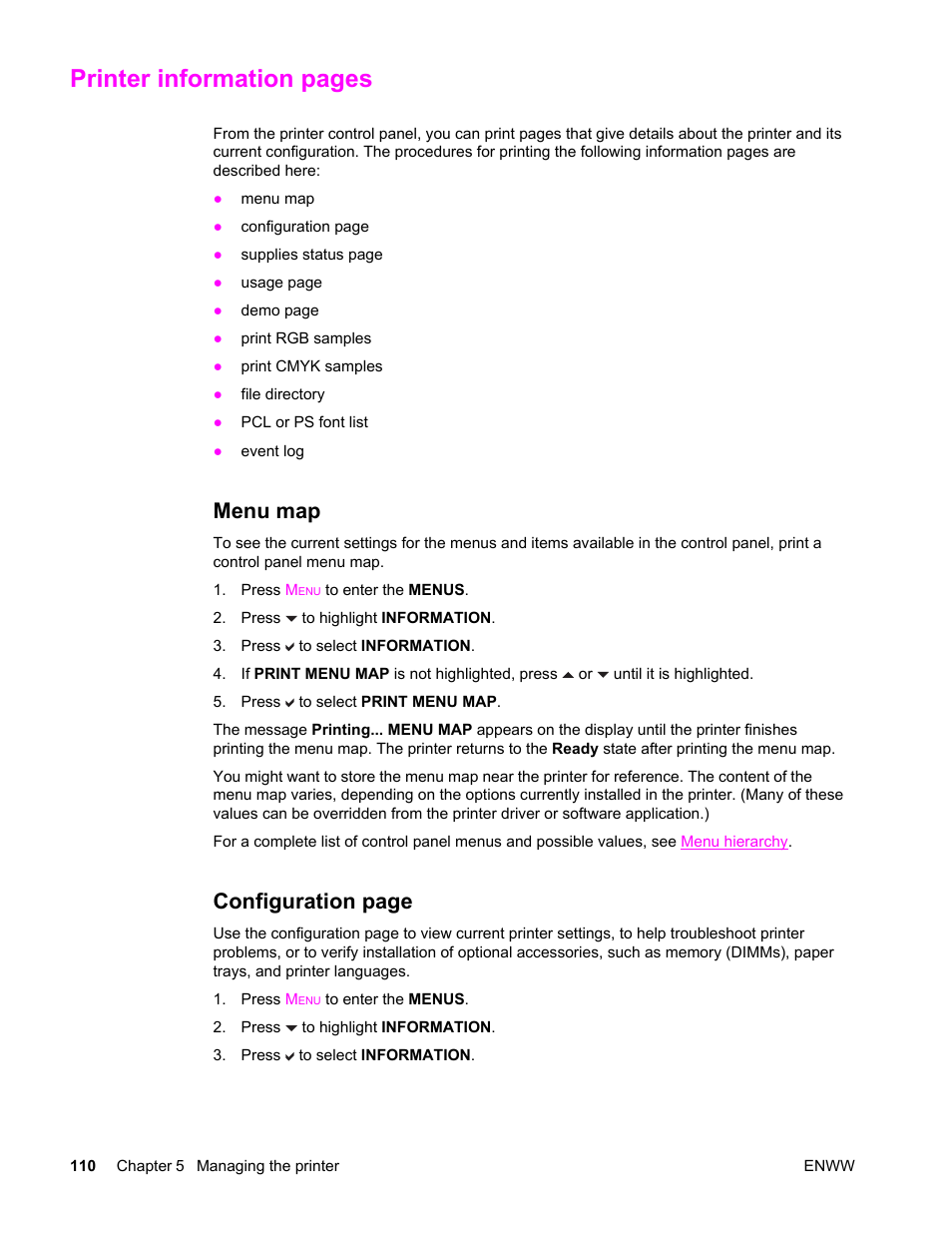 Menu map, Printer information pages, Configuration page | HP Color LaserJet 4650 Printer series User Manual | Page 124 / 276