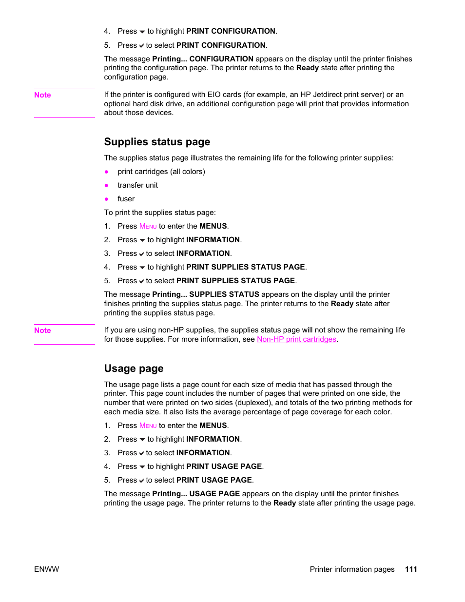Supplies status page, Usage page | HP Color LaserJet 4650 Printer series User Manual | Page 125 / 276