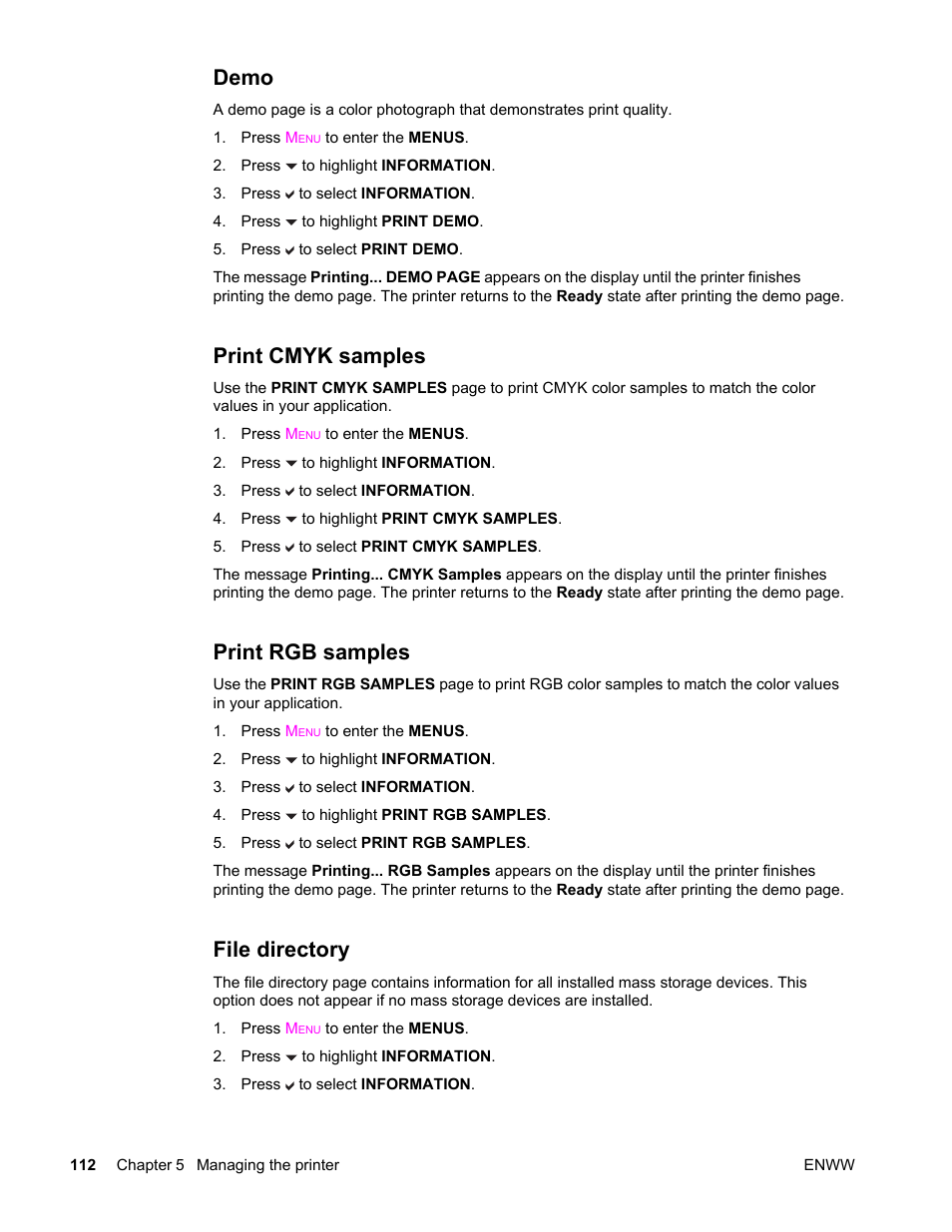 Demo, Print cmyk samples, Print rgb samples | File directory | HP Color LaserJet 4650 Printer series User Manual | Page 126 / 276