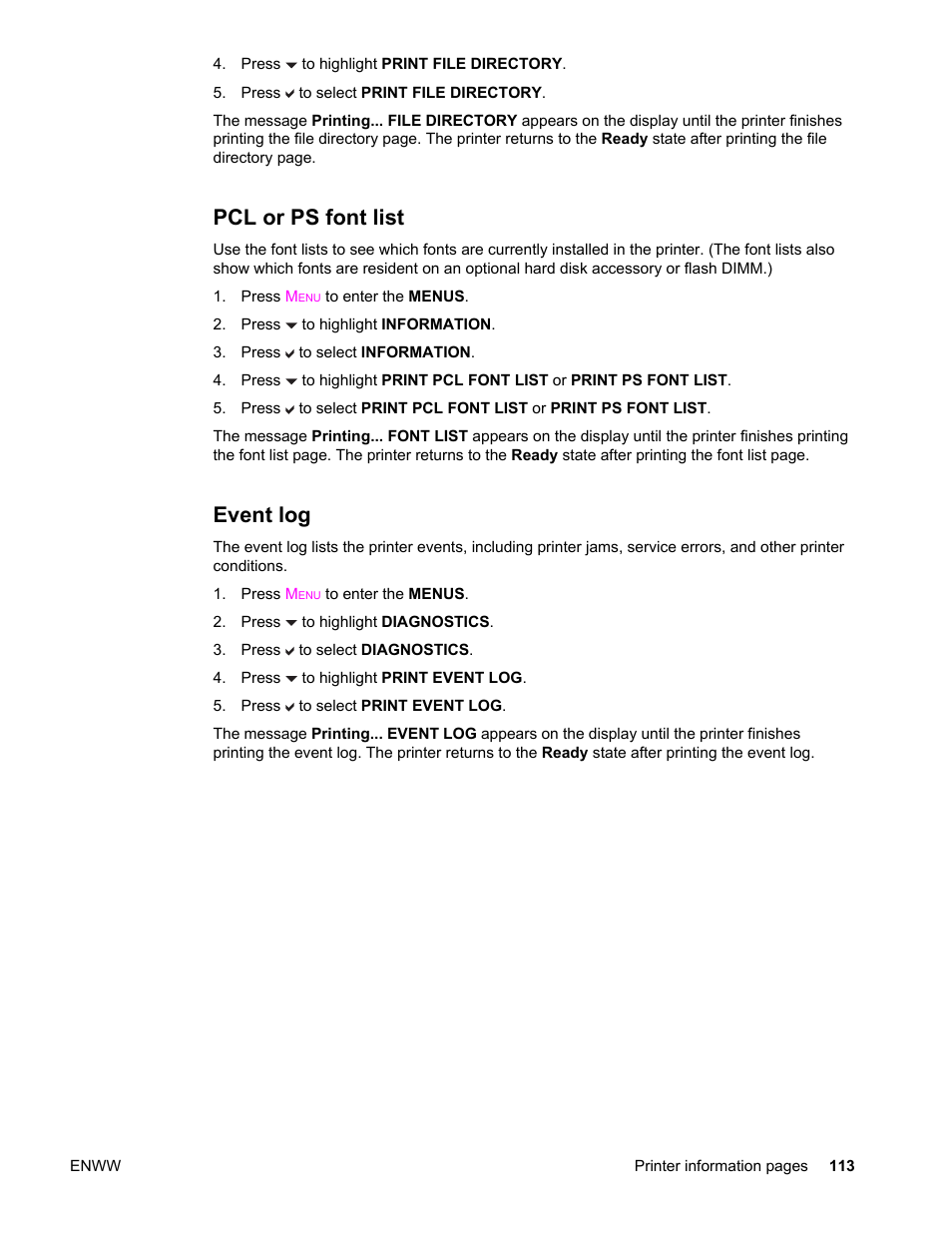 Pcl or ps font list, Event log, Pcl or ps font list event log | HP Color LaserJet 4650 Printer series User Manual | Page 127 / 276