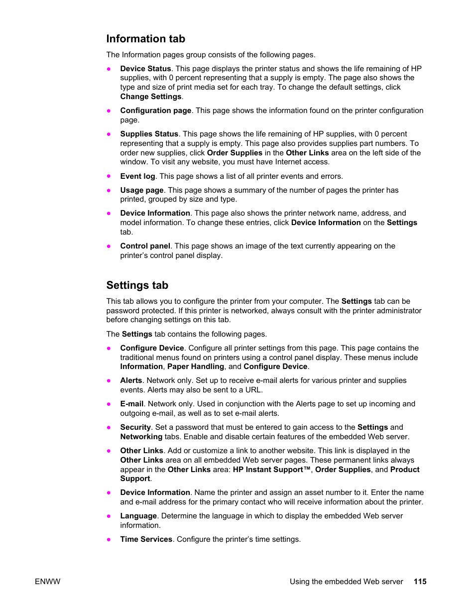 Information tab, Settings tab, Information tab settings tab | HP Color LaserJet 4650 Printer series User Manual | Page 129 / 276