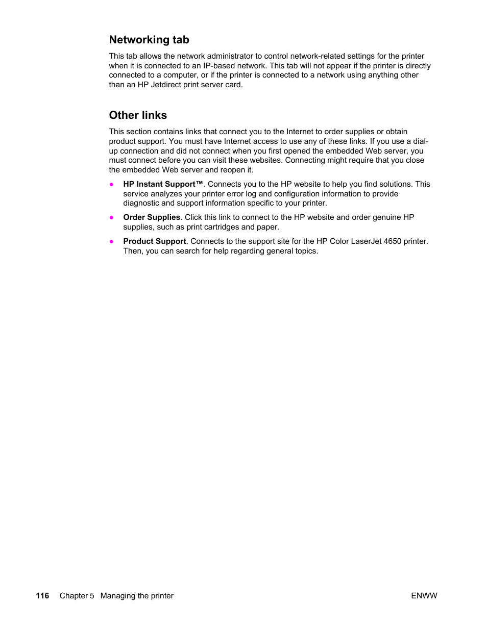 Networking tab, Other links, Networking tab other links | HP Color LaserJet 4650 Printer series User Manual | Page 130 / 276