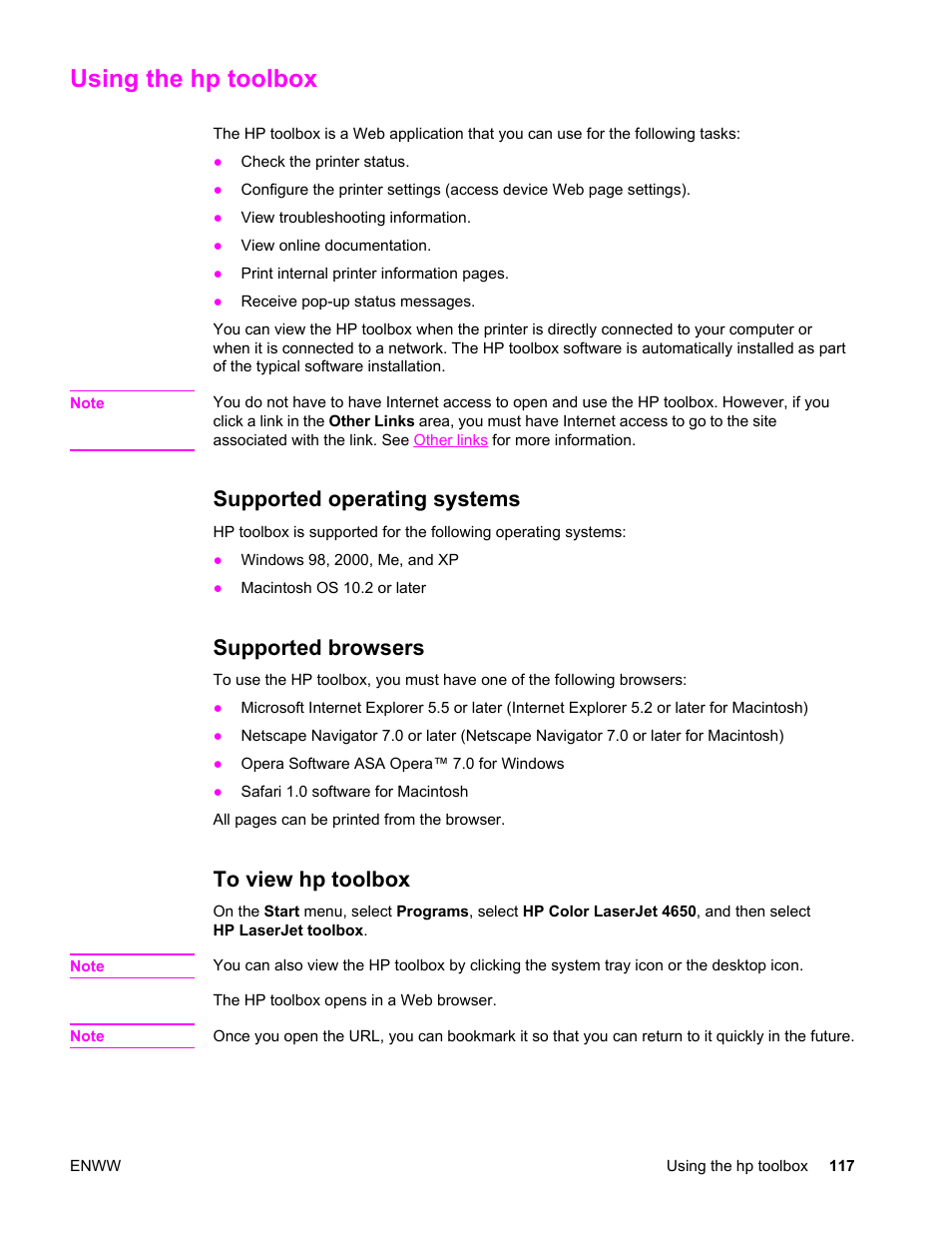 Using the hp toolbox, Supported operating systems, Supported browsers | To view hp toolbox, About using the hp toolbox, see | HP Color LaserJet 4650 Printer series User Manual | Page 131 / 276