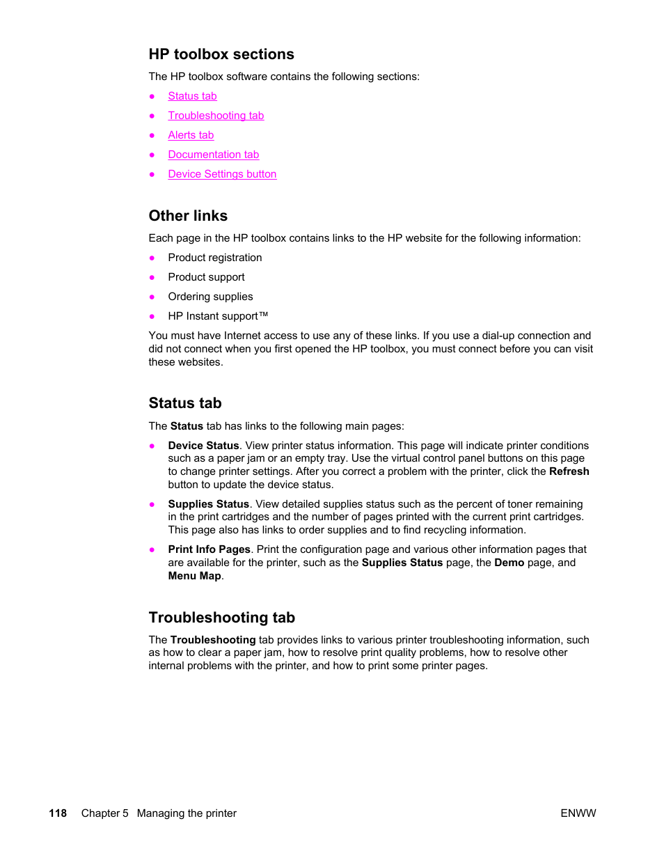 Hp toolbox sections, Other links, Status tab | Troubleshooting tab | HP Color LaserJet 4650 Printer series User Manual | Page 132 / 276