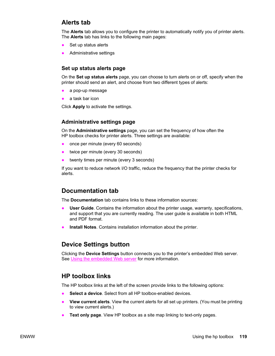 Alerts tab, Documentation tab, Device settings button | Hp toolbox links | HP Color LaserJet 4650 Printer series User Manual | Page 133 / 276