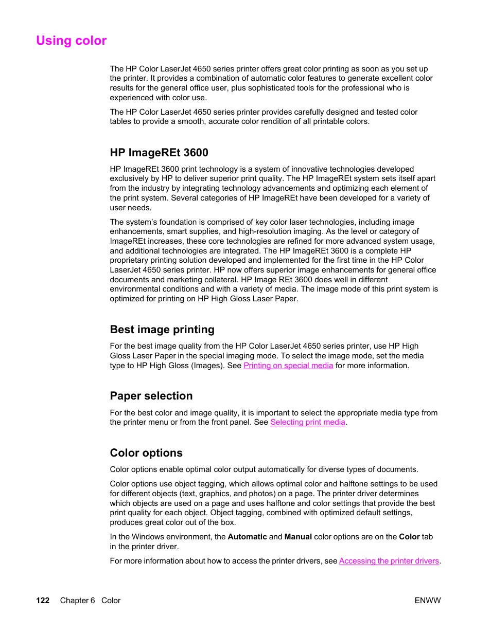 Using color, Hp imageret 3600, Best image printing | Paper selection, Color options | HP Color LaserJet 4650 Printer series User Manual | Page 136 / 276