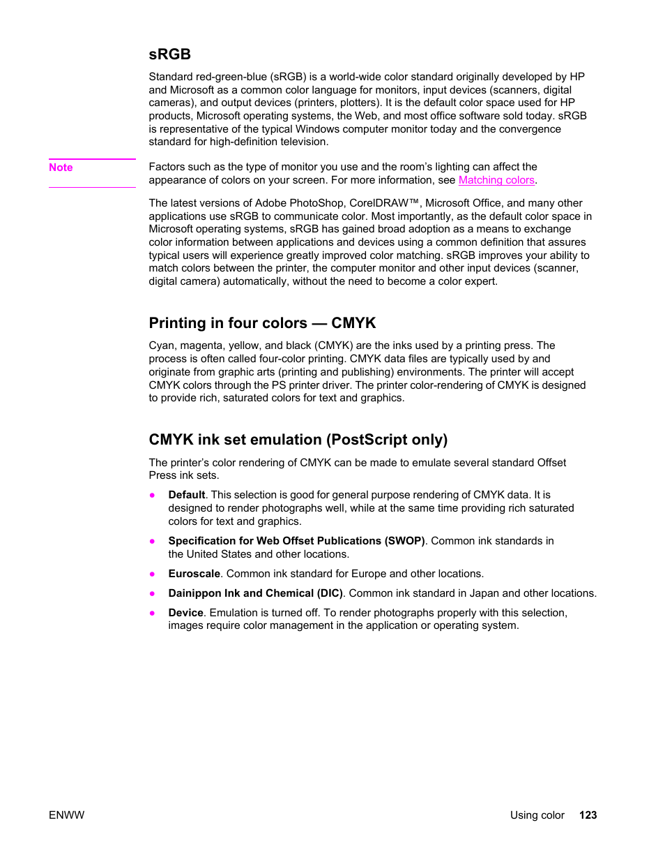 Srgb, Printing in four colors — cmyk, Cmyk ink set emulation (postscript only) | HP Color LaserJet 4650 Printer series User Manual | Page 137 / 276