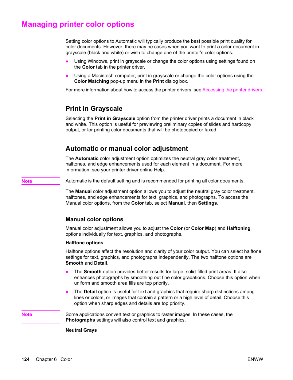 Managing printer color options, Print in grayscale, Automatic or manual color adjustment | HP Color LaserJet 4650 Printer series User Manual | Page 138 / 276