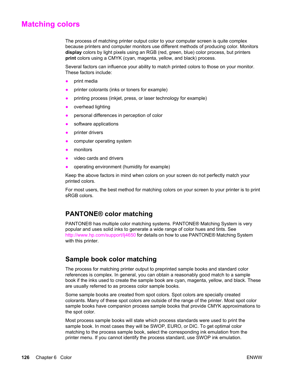 Matching colors, Pantone® color matching, Sample book color matching | Pantone® color matching sample book color matching | HP Color LaserJet 4650 Printer series User Manual | Page 140 / 276
