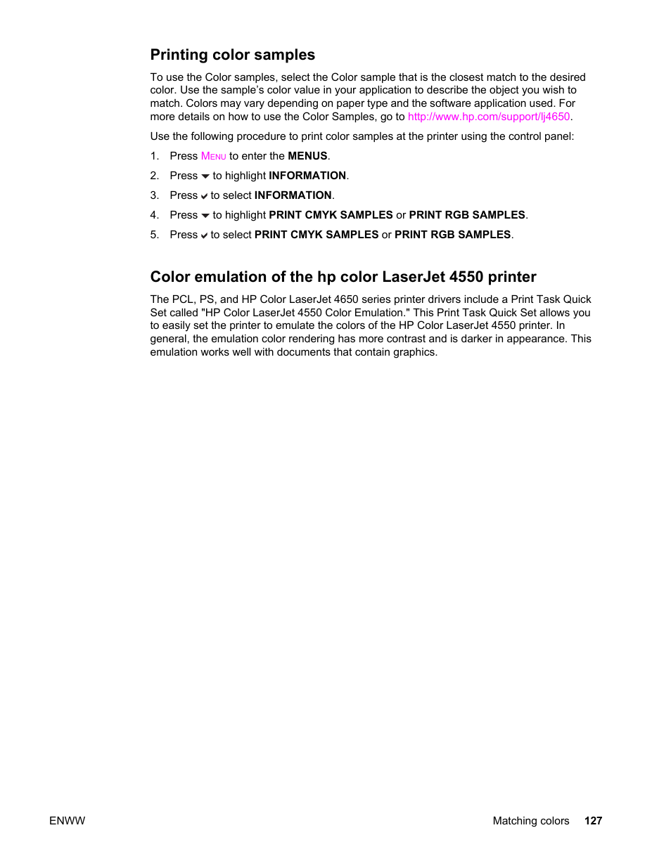 Printing color samples | HP Color LaserJet 4650 Printer series User Manual | Page 141 / 276