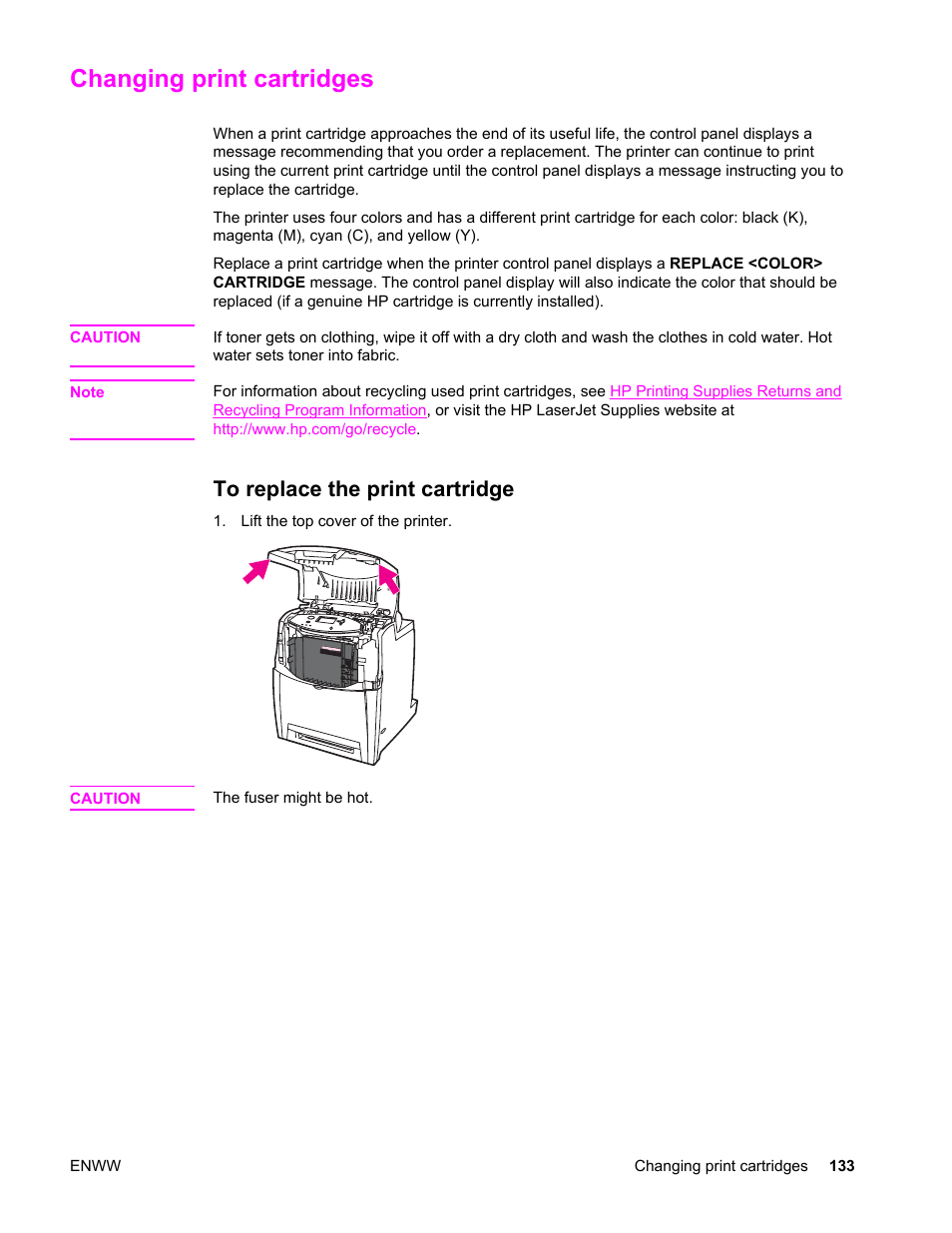 Changing print cartridges, To replace the print cartridge | HP Color LaserJet 4650 Printer series User Manual | Page 147 / 276
