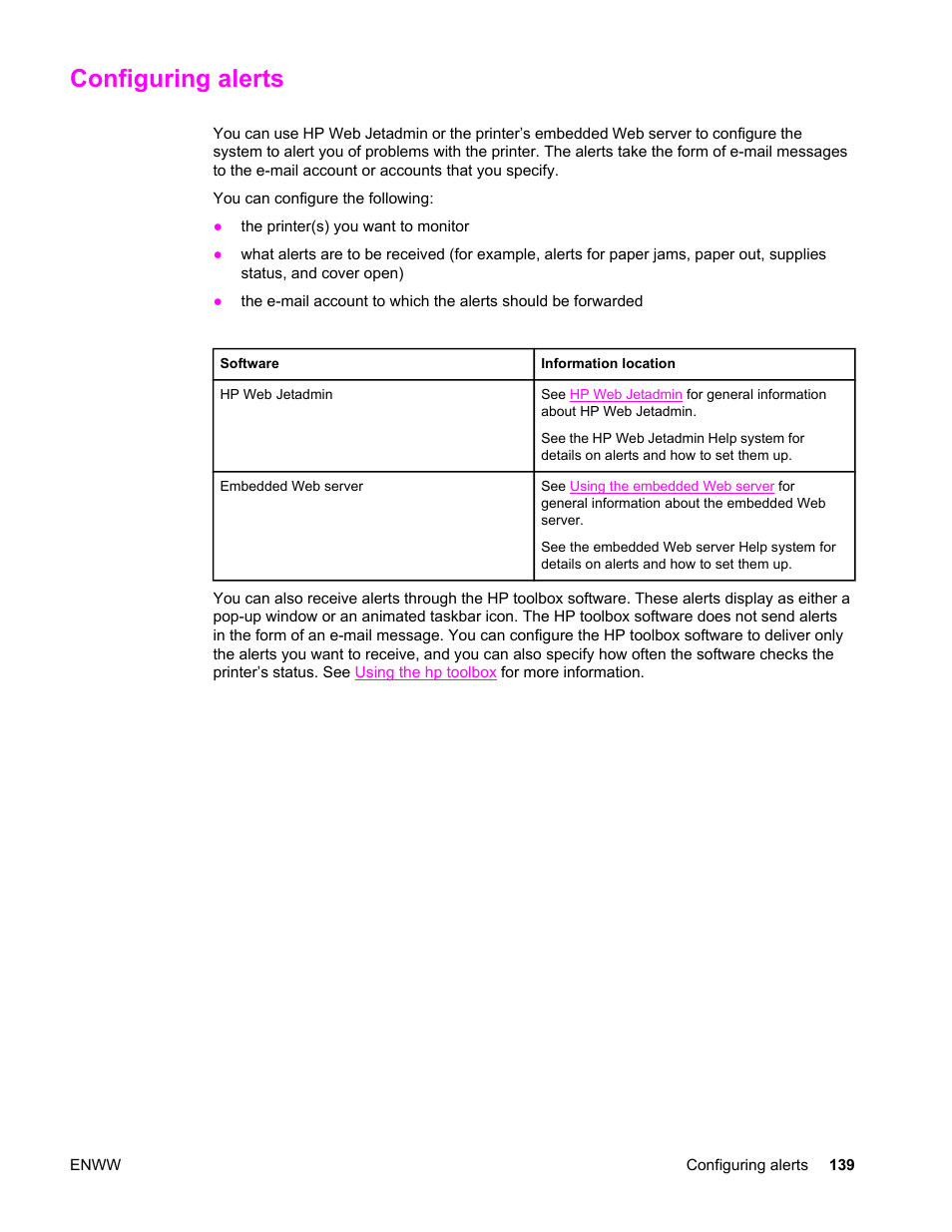 Configuring alerts | HP Color LaserJet 4650 Printer series User Manual | Page 153 / 276