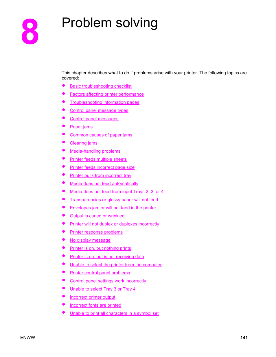 Problem solving, 8 problem solving | HP Color LaserJet 4650 Printer series User Manual | Page 155 / 276
