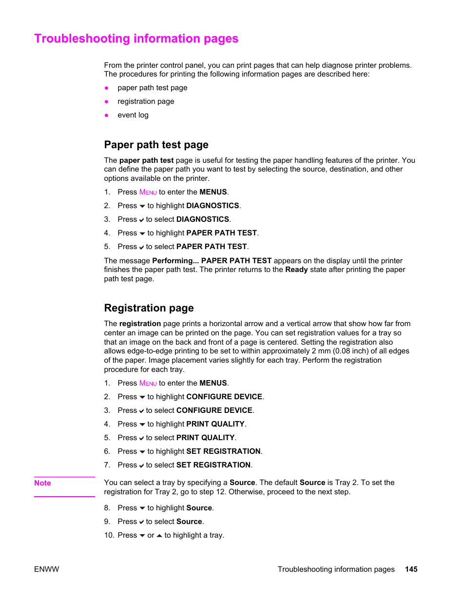 Troubleshooting information pages, Paper path test page, Registration page | HP Color LaserJet 4650 Printer series User Manual | Page 159 / 276