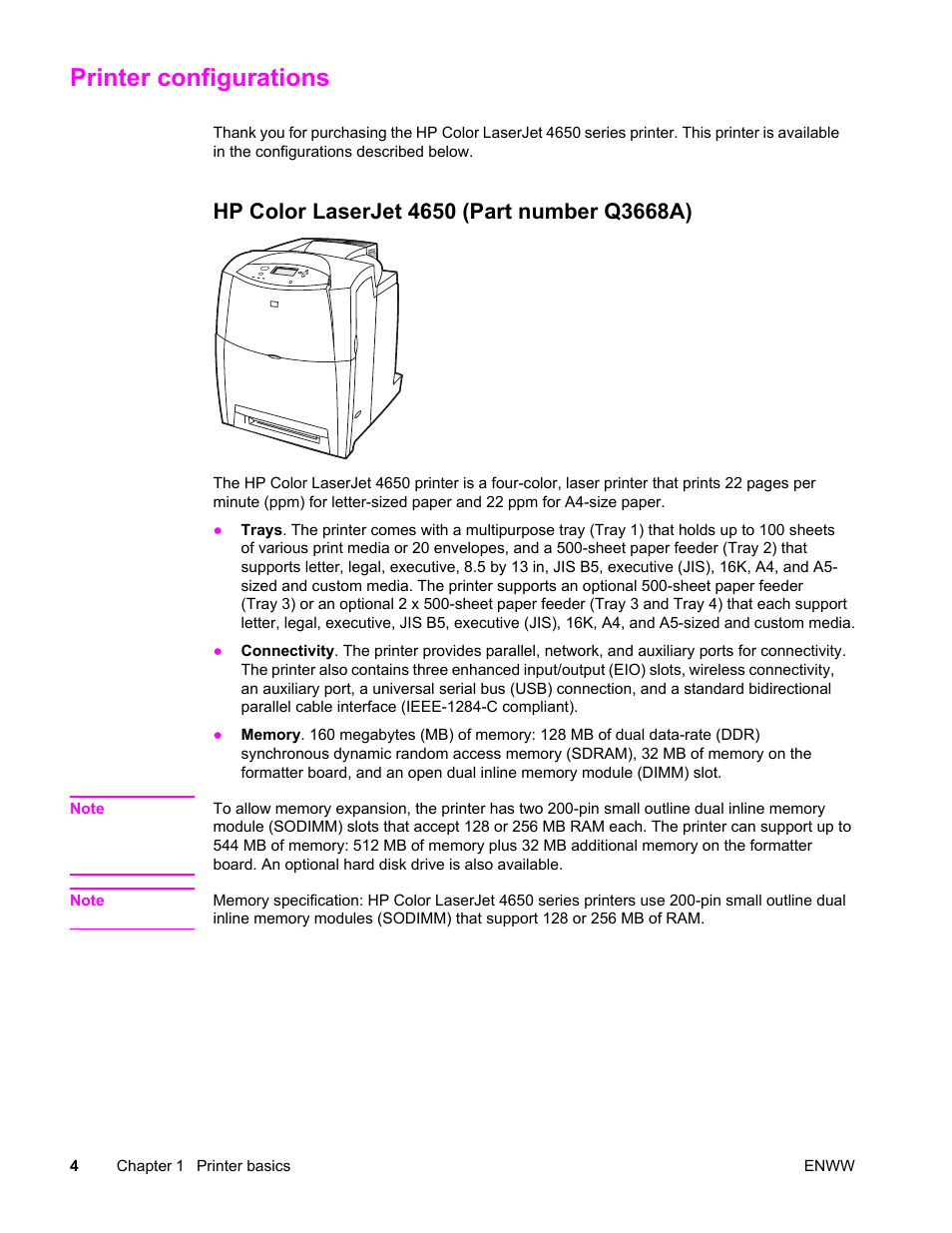 Printer configurations, Hp color laserjet 4650 (part number q3668a) | HP Color LaserJet 4650 Printer series User Manual | Page 18 / 276
