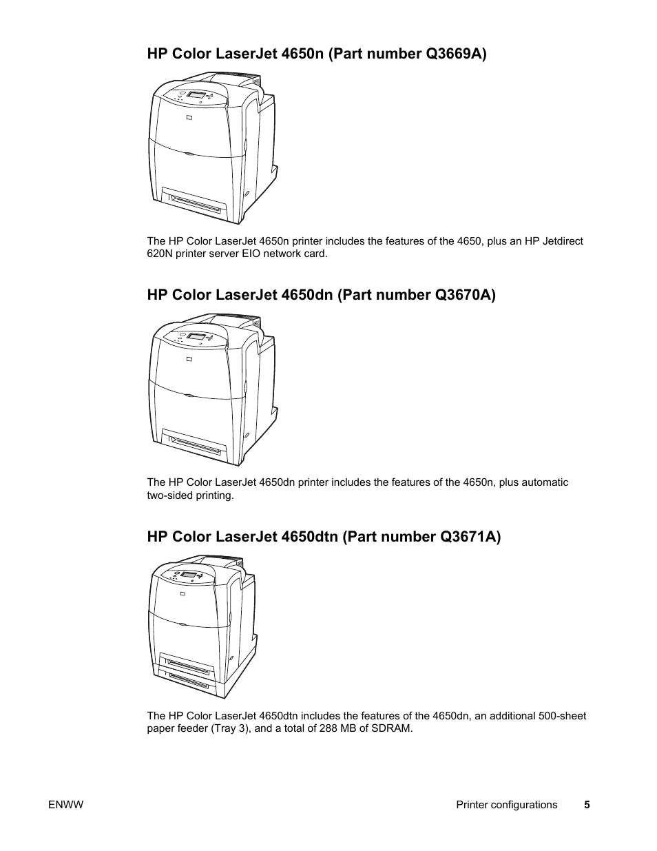 Hp color laserjet 4650n (part number q3669a), Hp color laserjet 4650dn (part number q3670a), Hp color laserjet 4650dtn (part number q3671a) | HP Color LaserJet 4650 Printer series User Manual | Page 19 / 276