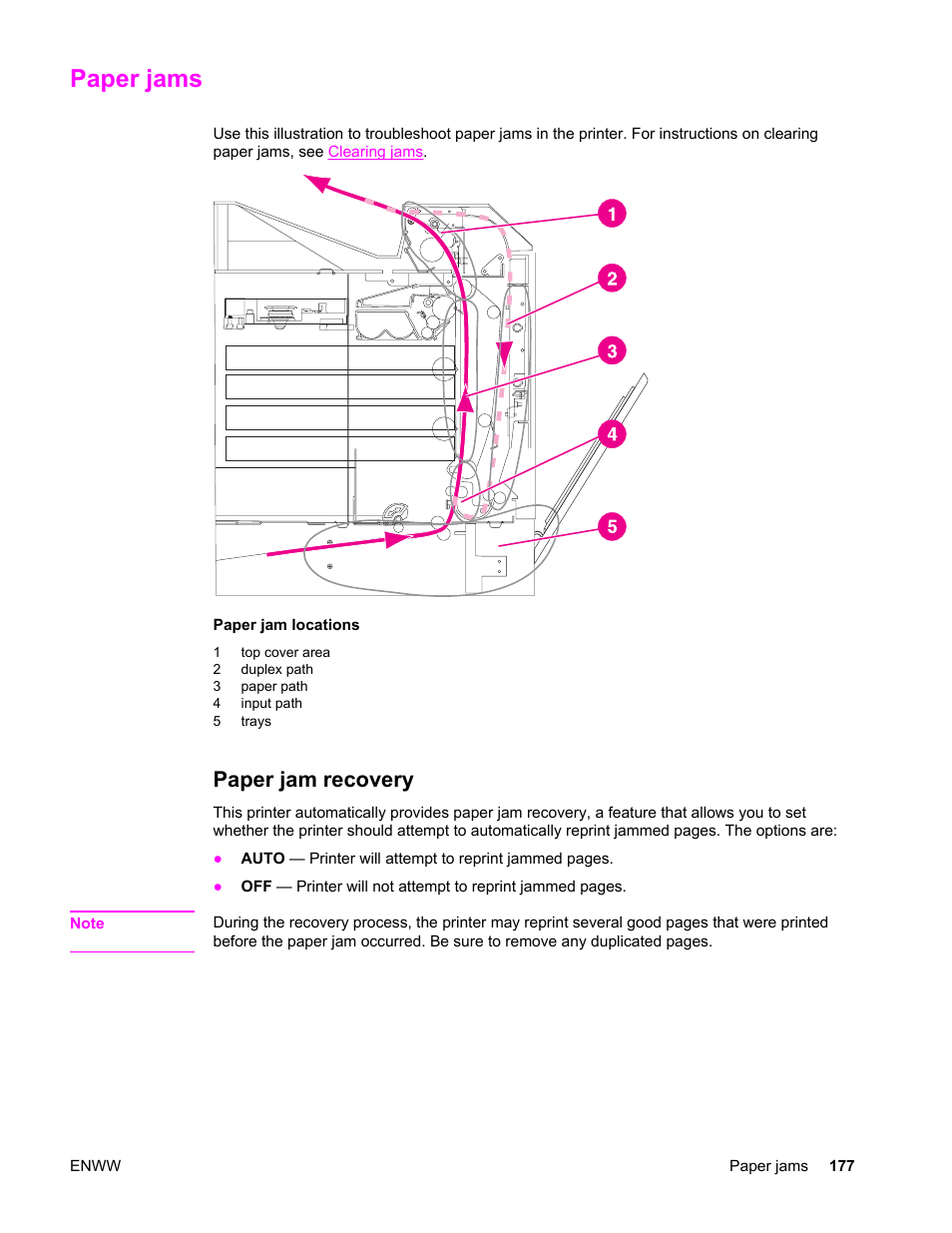 Paper jams, Paper jam recovery | HP Color LaserJet 4650 Printer series User Manual | Page 191 / 276