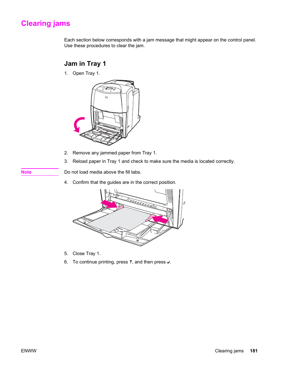 Clearing jams, Jam in tray 1 | HP Color LaserJet 4650 Printer series User Manual | Page 195 / 276