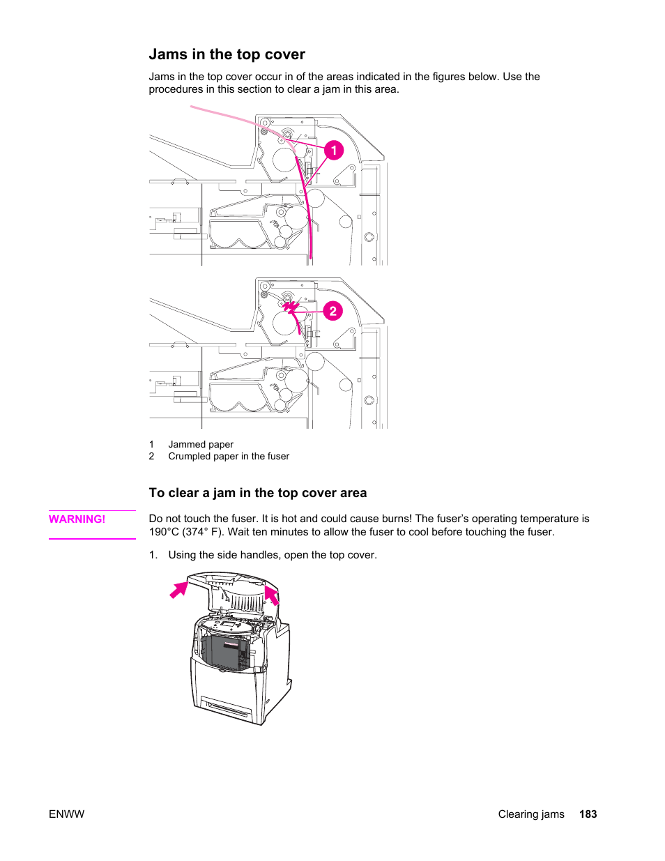 Jams in the top cover | HP Color LaserJet 4650 Printer series User Manual | Page 197 / 276