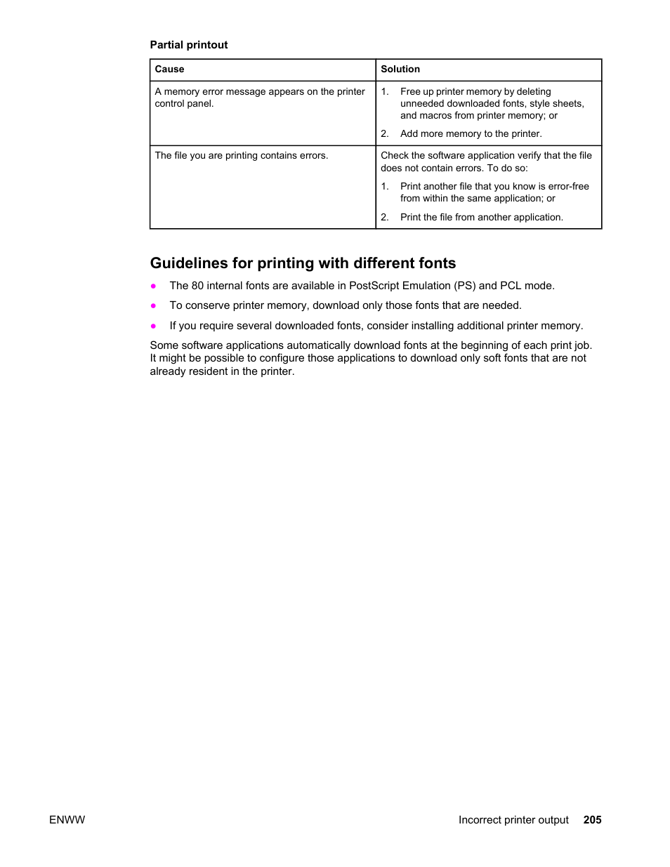 Guidelines for printing with different fonts, Partial printout | HP Color LaserJet 4650 Printer series User Manual | Page 219 / 276