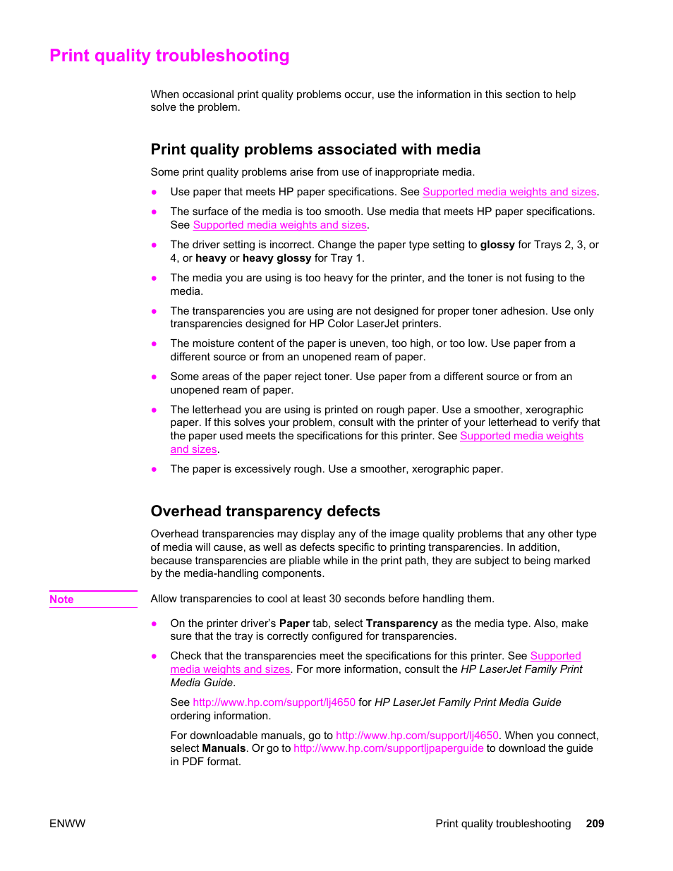 Print quality troubleshooting, Print quality problems associated with media, Overhead transparency defects | HP Color LaserJet 4650 Printer series User Manual | Page 223 / 276