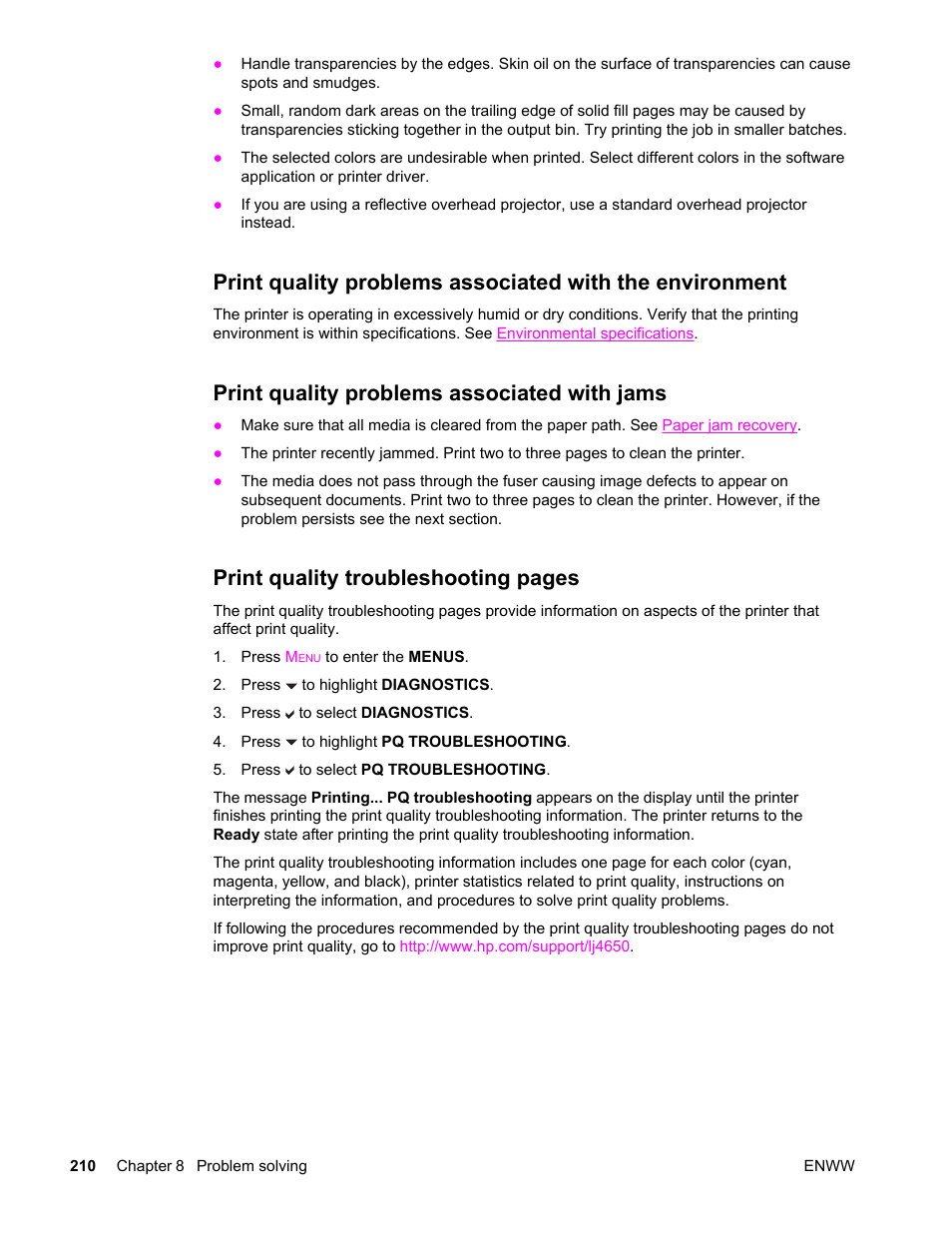 Print quality problems associated with jams, Print quality troubleshooting pages | HP Color LaserJet 4650 Printer series User Manual | Page 224 / 276