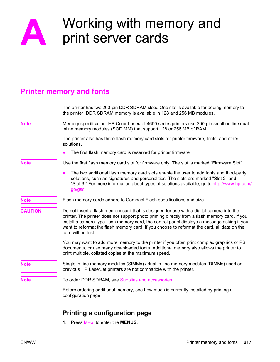 Working with memory and print server cards, Printer memory and fonts, Printing a configuration page | HP Color LaserJet 4650 Printer series User Manual | Page 231 / 276