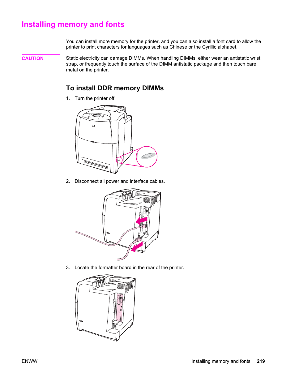 Installing memory and fonts, To install ddr memory dimms | HP Color LaserJet 4650 Printer series User Manual | Page 233 / 276