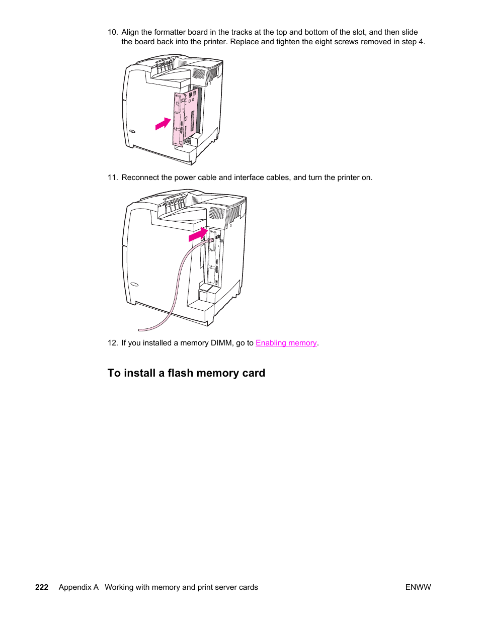 To install a flash memory card | HP Color LaserJet 4650 Printer series User Manual | Page 236 / 276