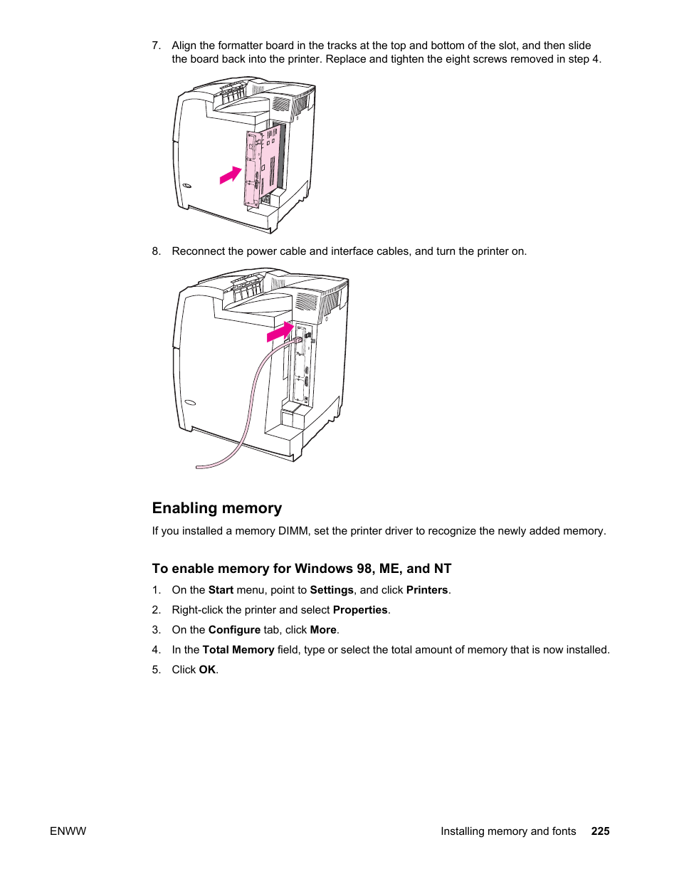 Enabling memory | HP Color LaserJet 4650 Printer series User Manual | Page 239 / 276