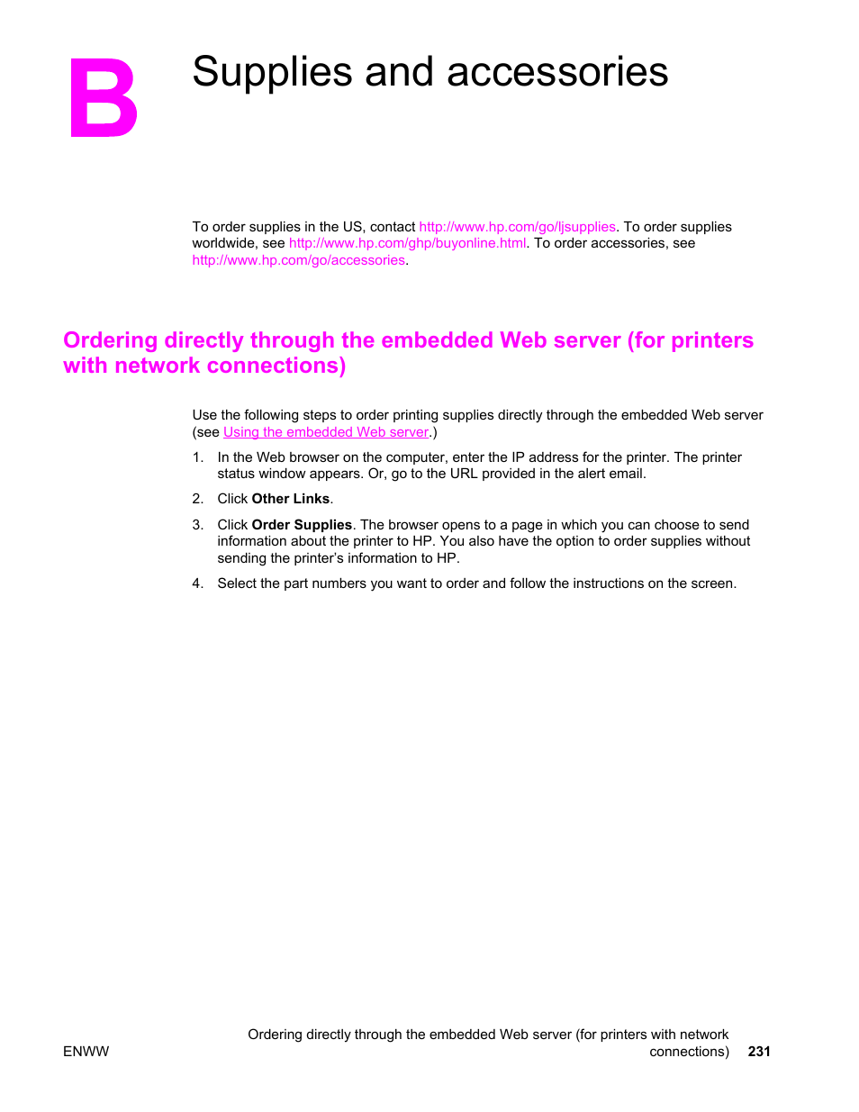 Supplies and accessories, Appendix b supplies and accessories, Connections) | Another type of network port, see, Supplies and, Accessories, Or go to, For ordering information, see | HP Color LaserJet 4650 Printer series User Manual | Page 245 / 276