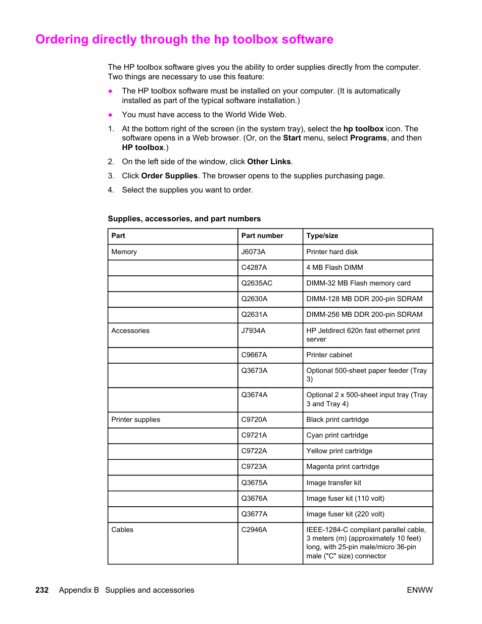 Ordering directly through the hp toolbox software | HP Color LaserJet 4650 Printer series User Manual | Page 246 / 276