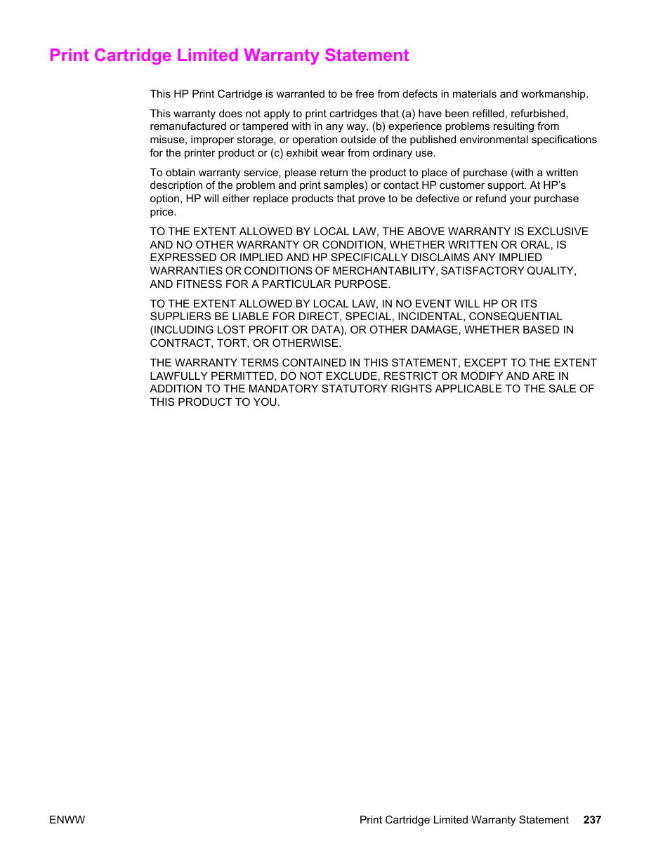 Print cartridge limited warranty statement | HP Color LaserJet 4650 Printer series User Manual | Page 251 / 276