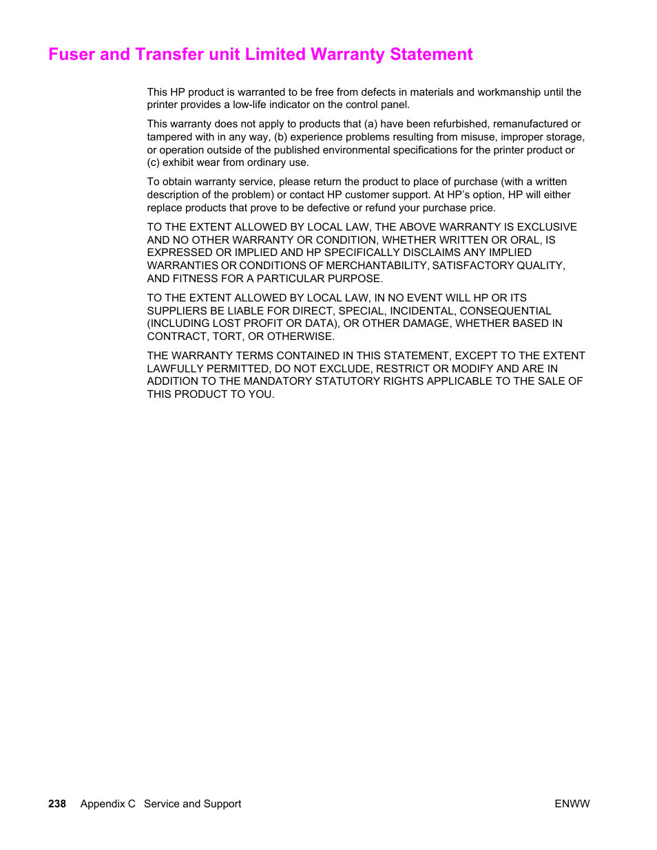 Fuser and transfer unit limited warranty statement | HP Color LaserJet 4650 Printer series User Manual | Page 252 / 276