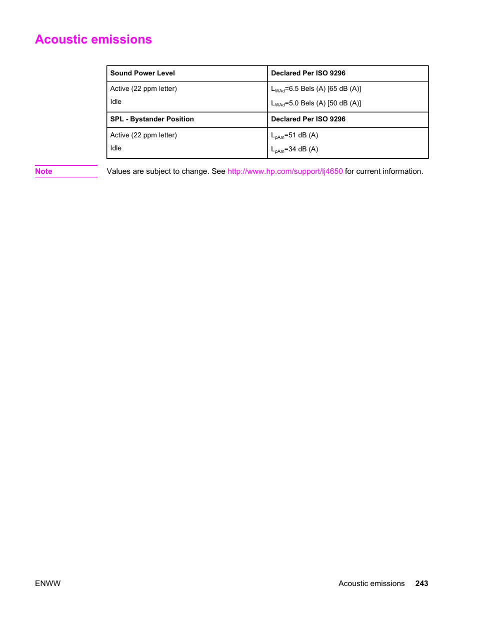 Acoustic emissions | HP Color LaserJet 4650 Printer series User Manual | Page 257 / 276