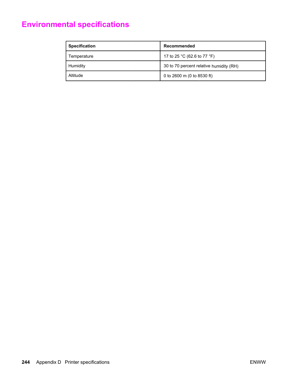 Environmental specifications, Environmental, Specifications | HP Color LaserJet 4650 Printer series User Manual | Page 258 / 276
