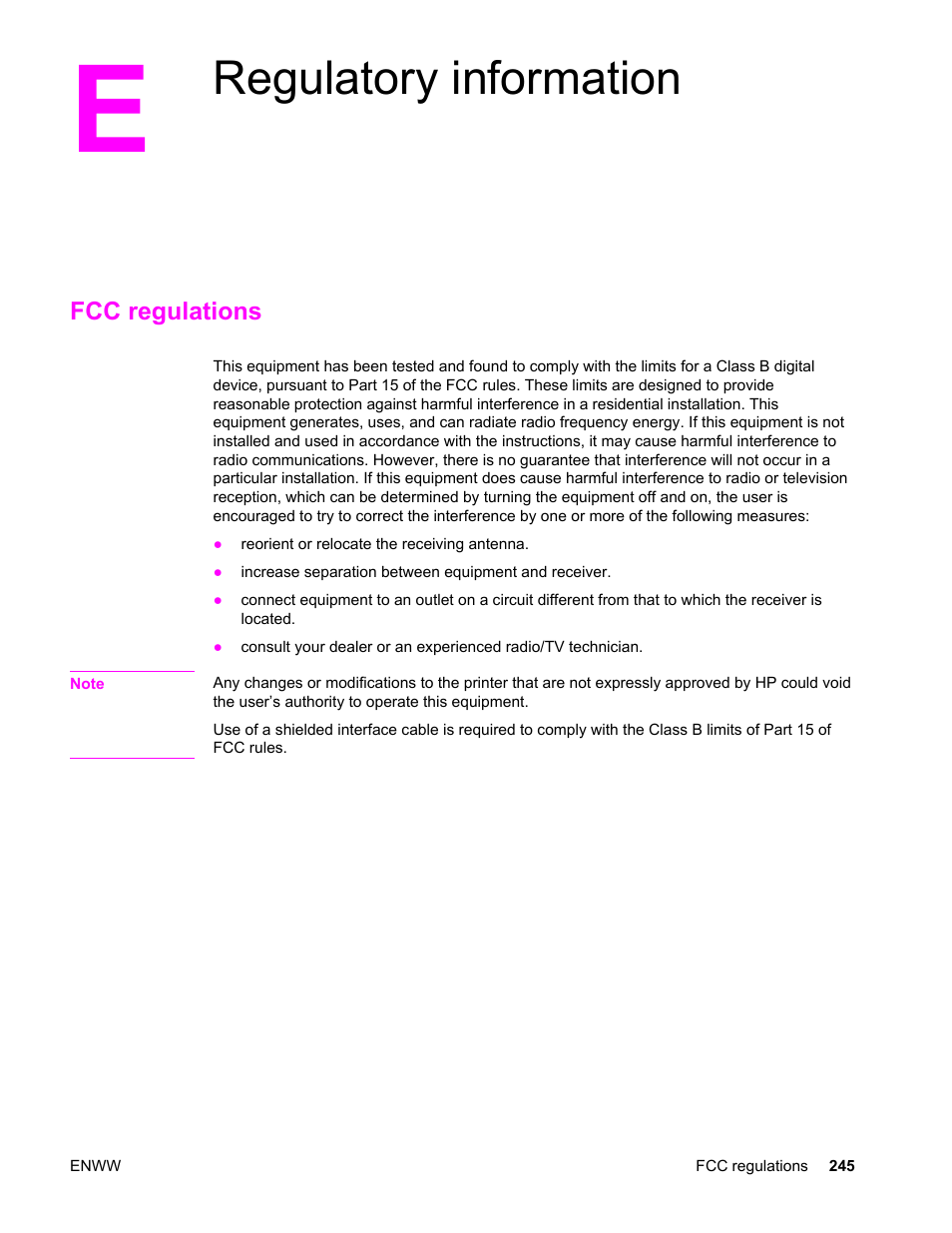 Regulatory information, Fcc regulations, Appendix e regulatory information | HP Color LaserJet 4650 Printer series User Manual | Page 259 / 276