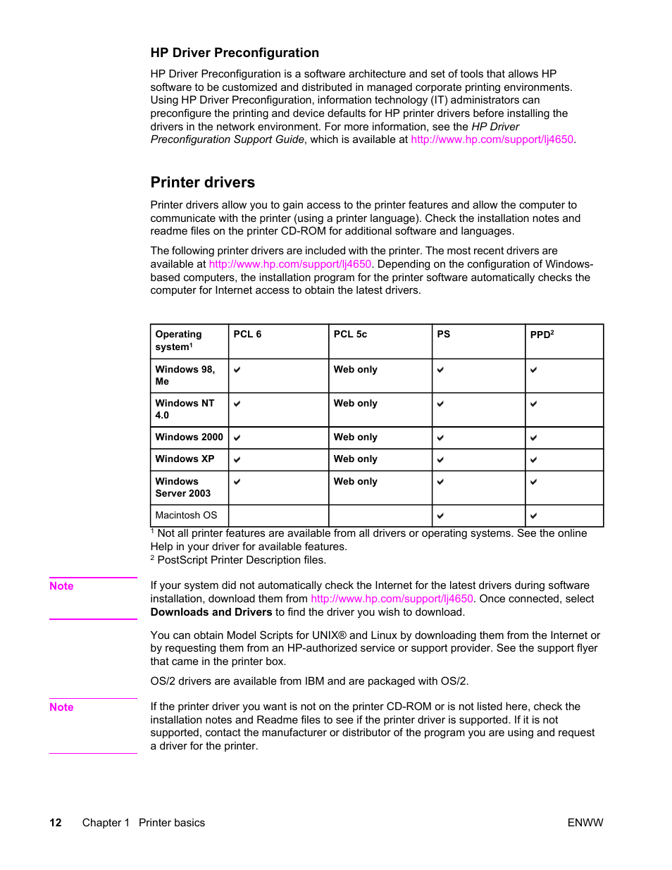 Printer drivers, Hp driver preconfiguration | HP Color LaserJet 4650 Printer series User Manual | Page 26 / 276