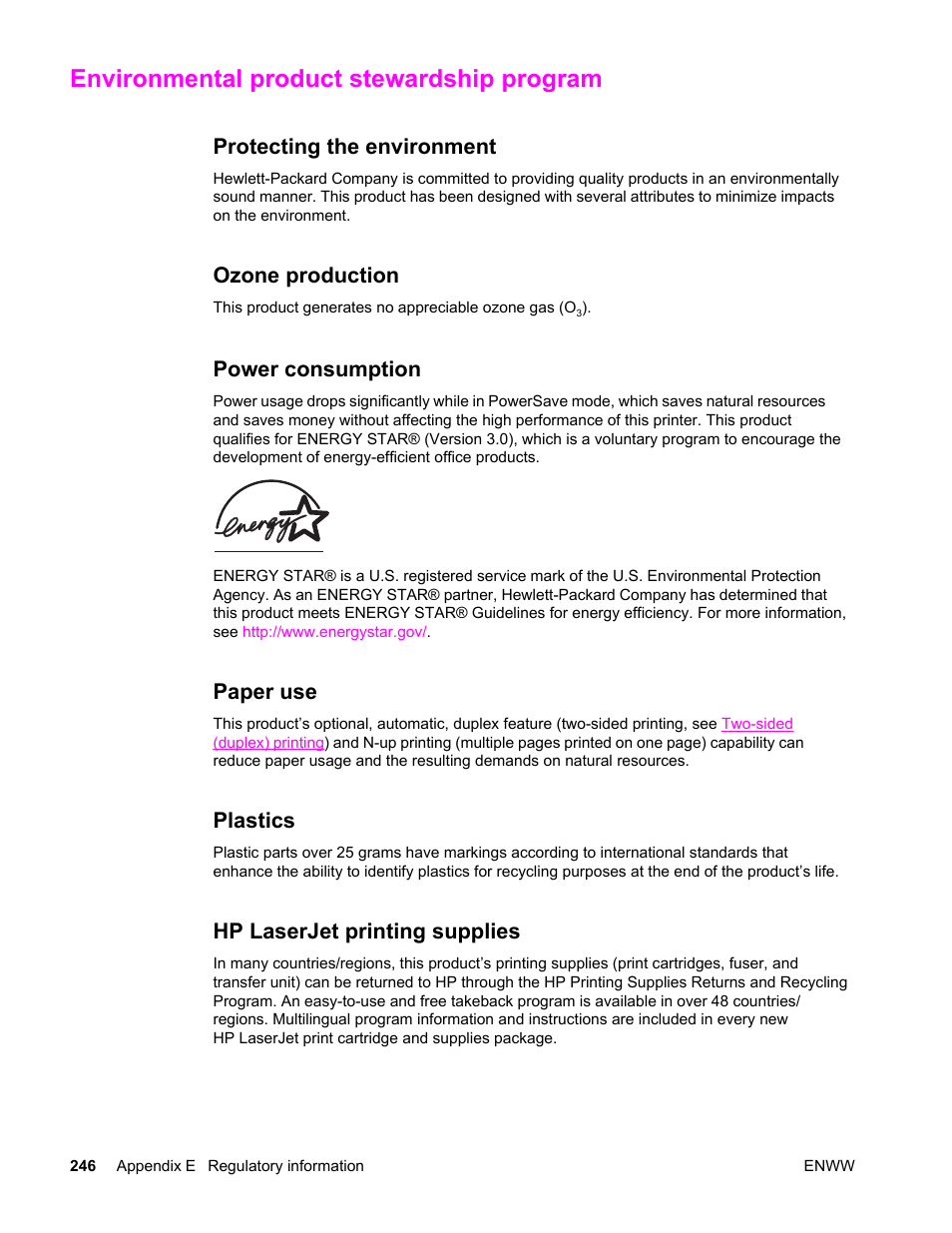 Environmental product stewardship program, Protecting the environment, Ozone production | Power consumption, Paper use, Plastics, Hp laserjet printing supplies | HP Color LaserJet 4650 Printer series User Manual | Page 260 / 276