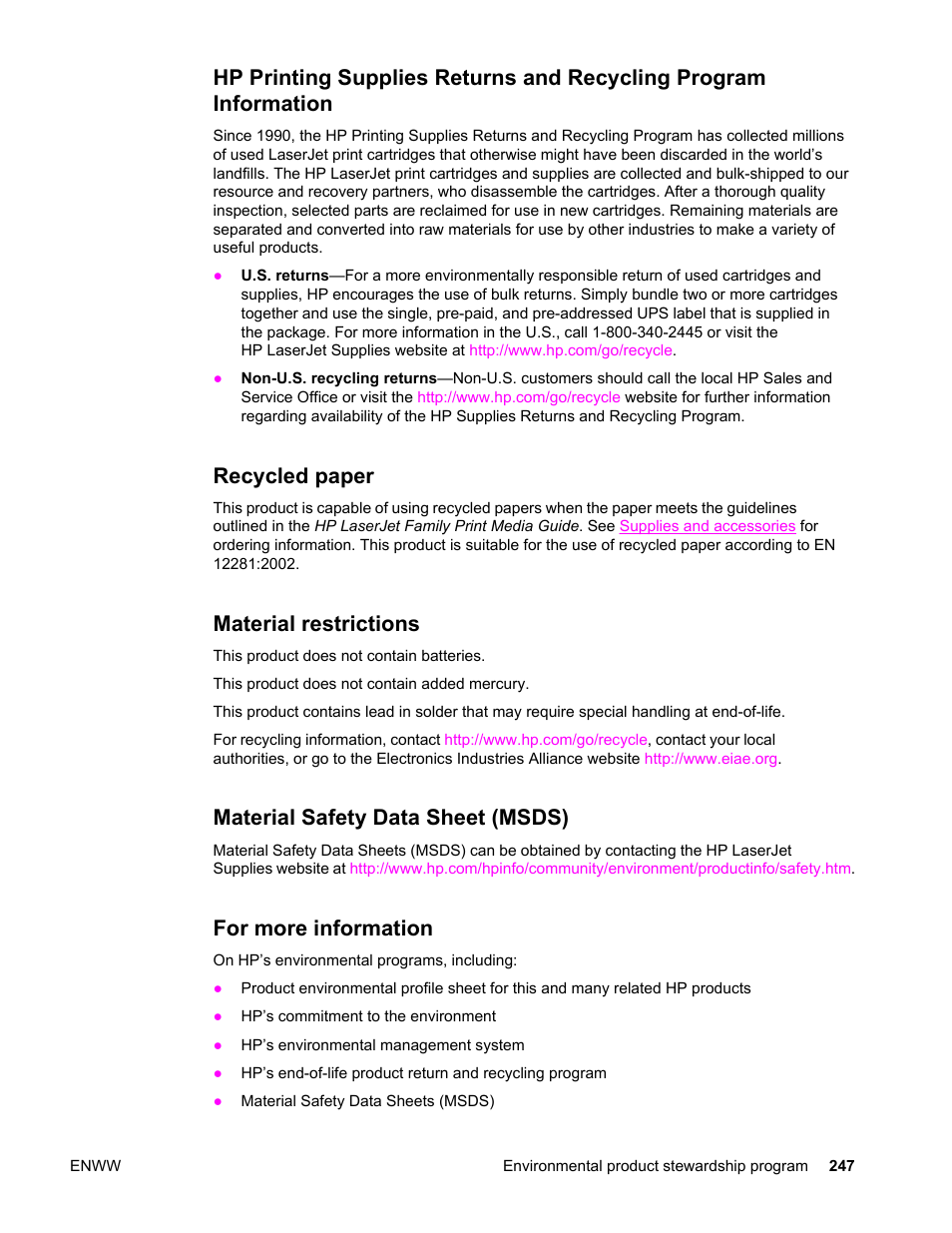 Recycled paper, Material restrictions, Material safety data sheet (msds) | For more information | HP Color LaserJet 4650 Printer series User Manual | Page 261 / 276