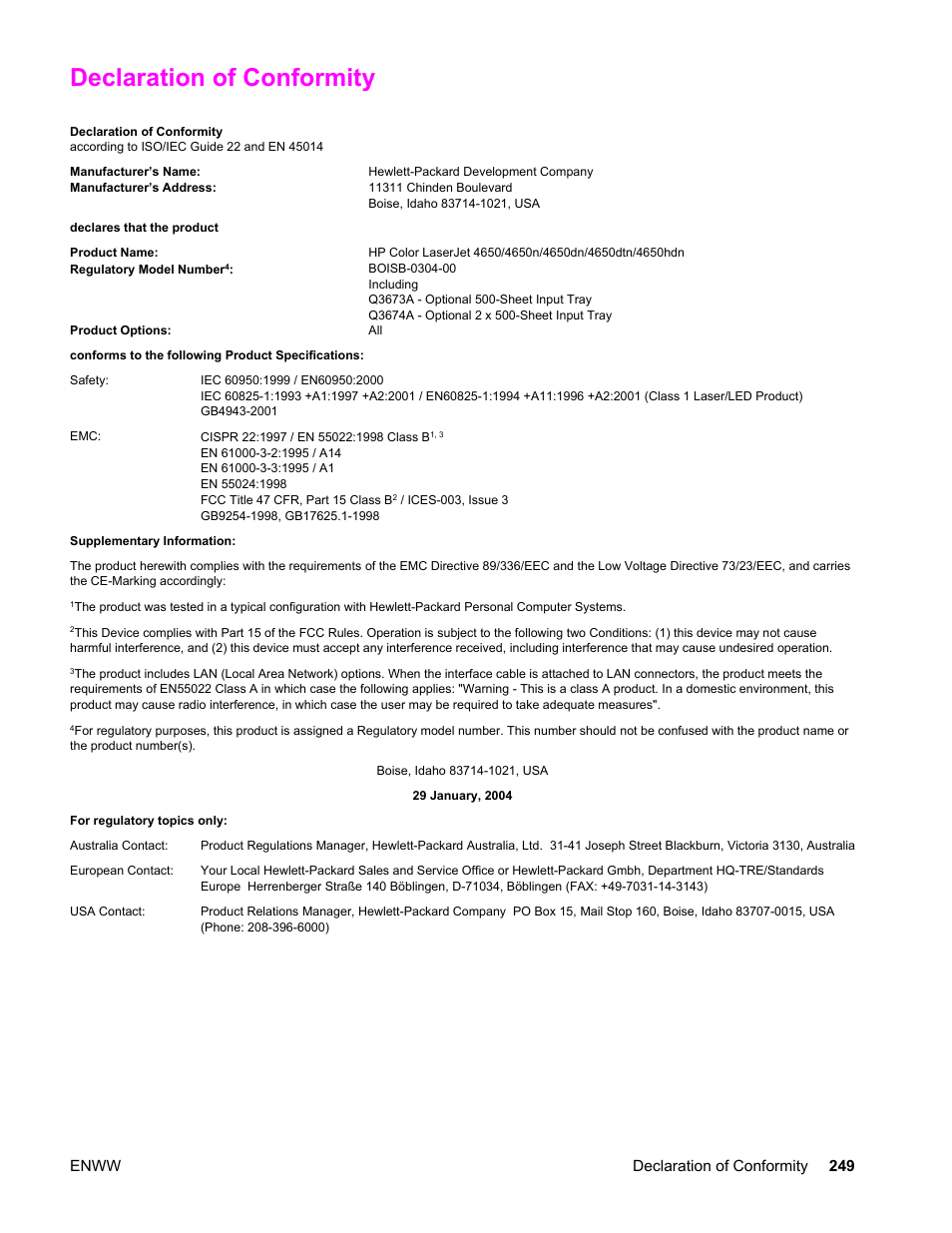 Declaration of conformity | HP Color LaserJet 4650 Printer series User Manual | Page 263 / 276