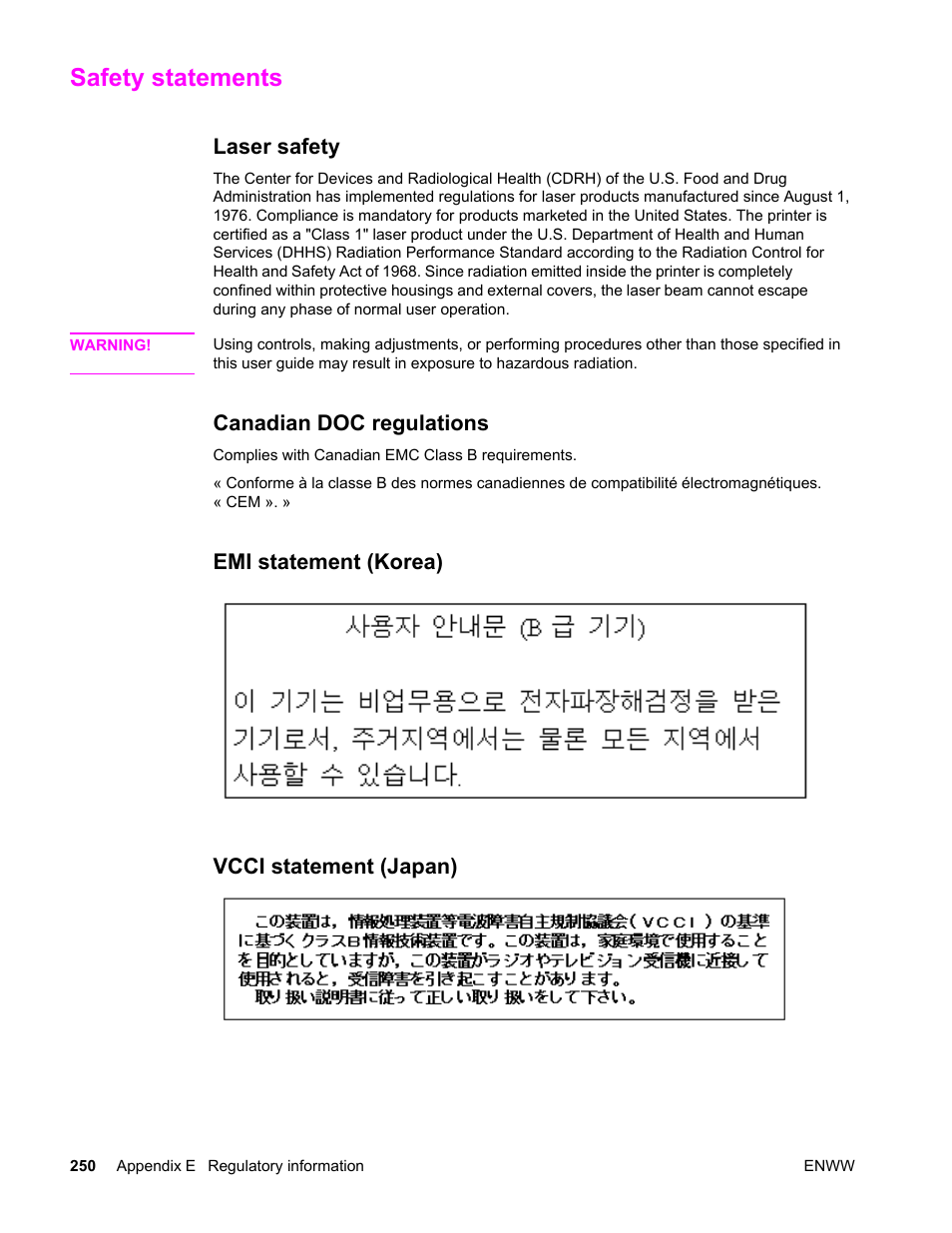 Safety statements, Laser safety, Canadian doc regulations | Emi statement (korea), Vcci statement (japan), Emi statement (korea) vcci statement (japan) | HP Color LaserJet 4650 Printer series User Manual | Page 264 / 276