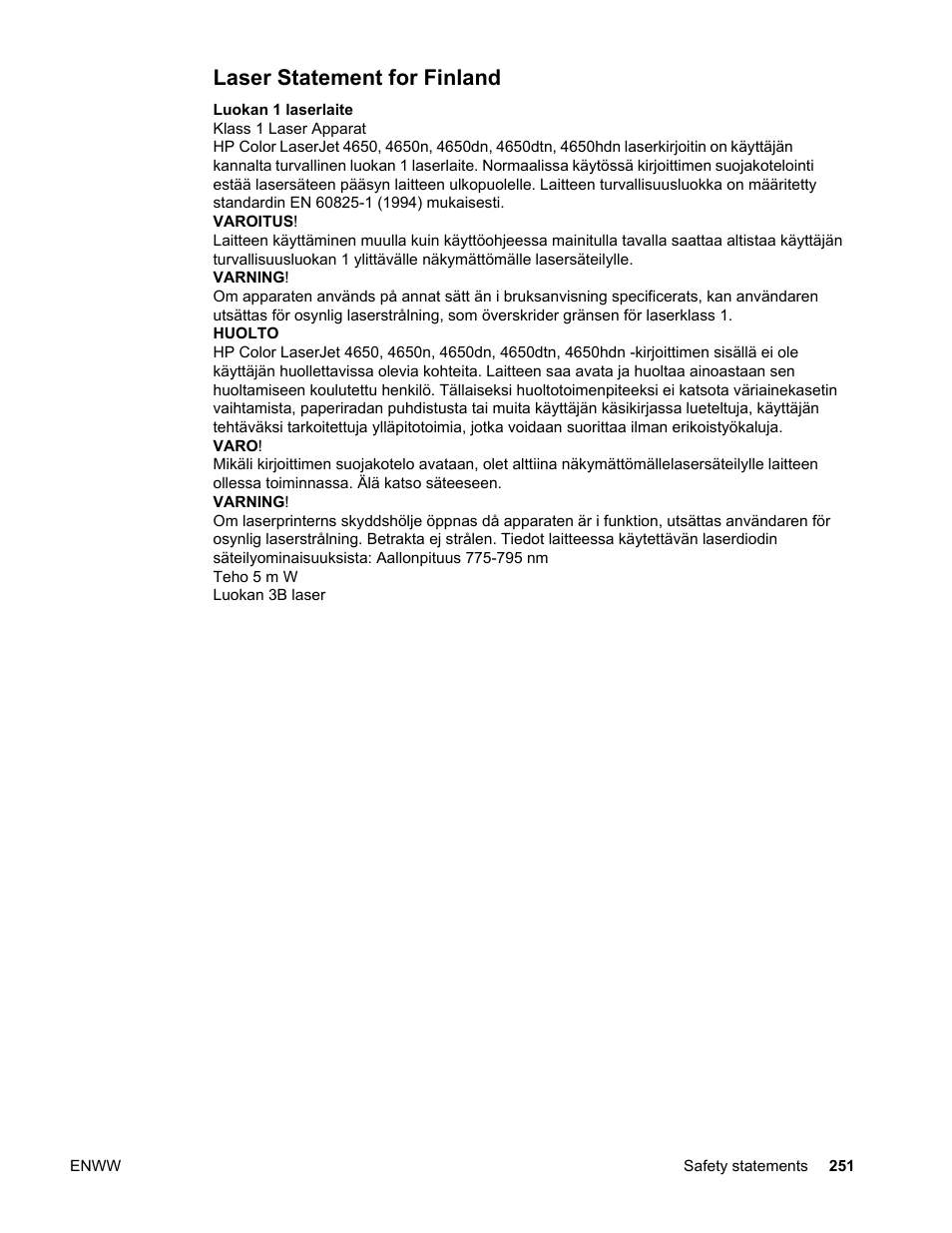 Laser statement for finland | HP Color LaserJet 4650 Printer series User Manual | Page 265 / 276
