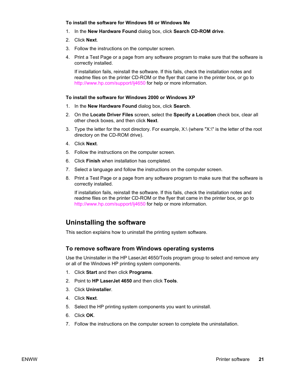 Uninstalling the software | HP Color LaserJet 4650 Printer series User Manual | Page 35 / 276