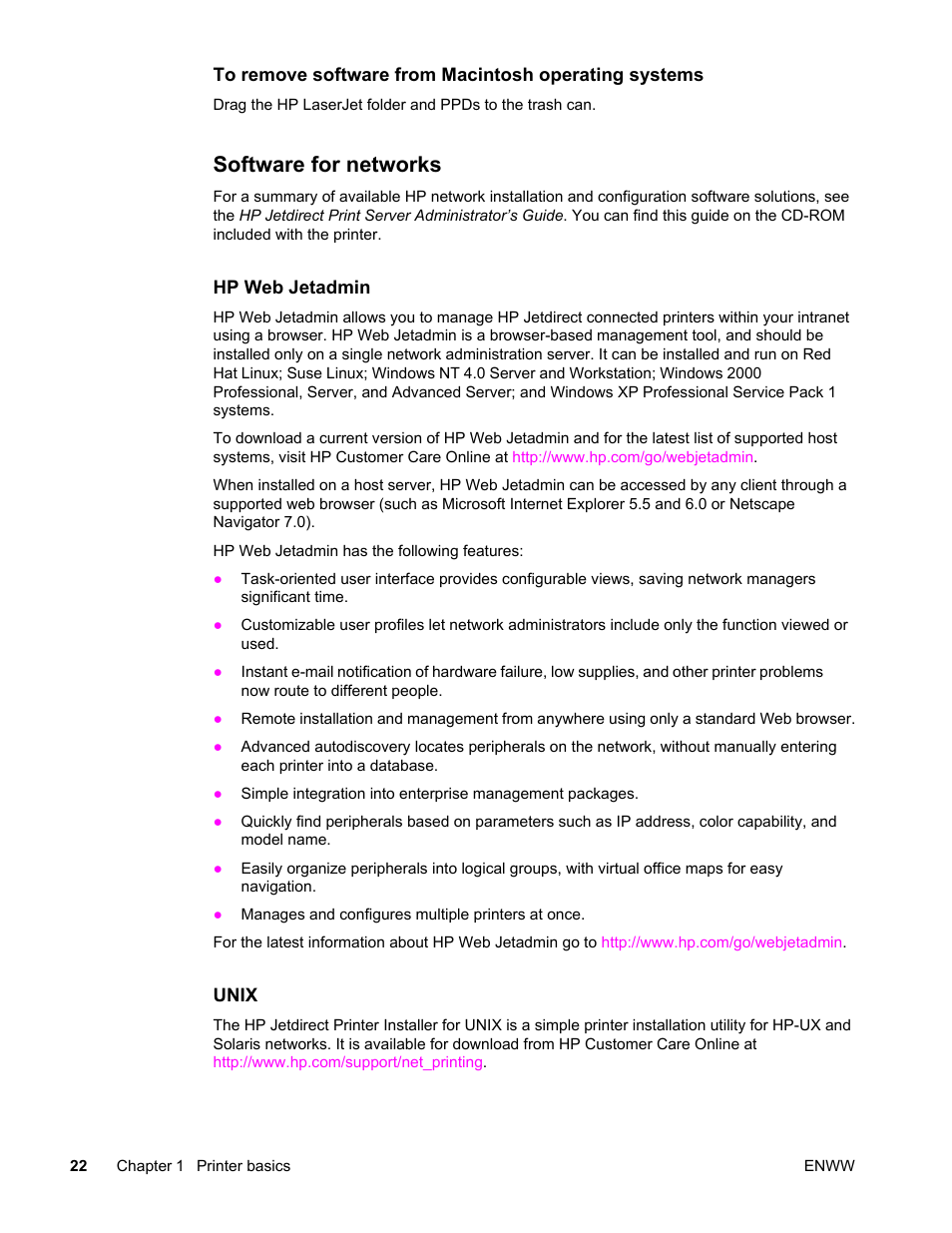 Software for networks | HP Color LaserJet 4650 Printer series User Manual | Page 36 / 276