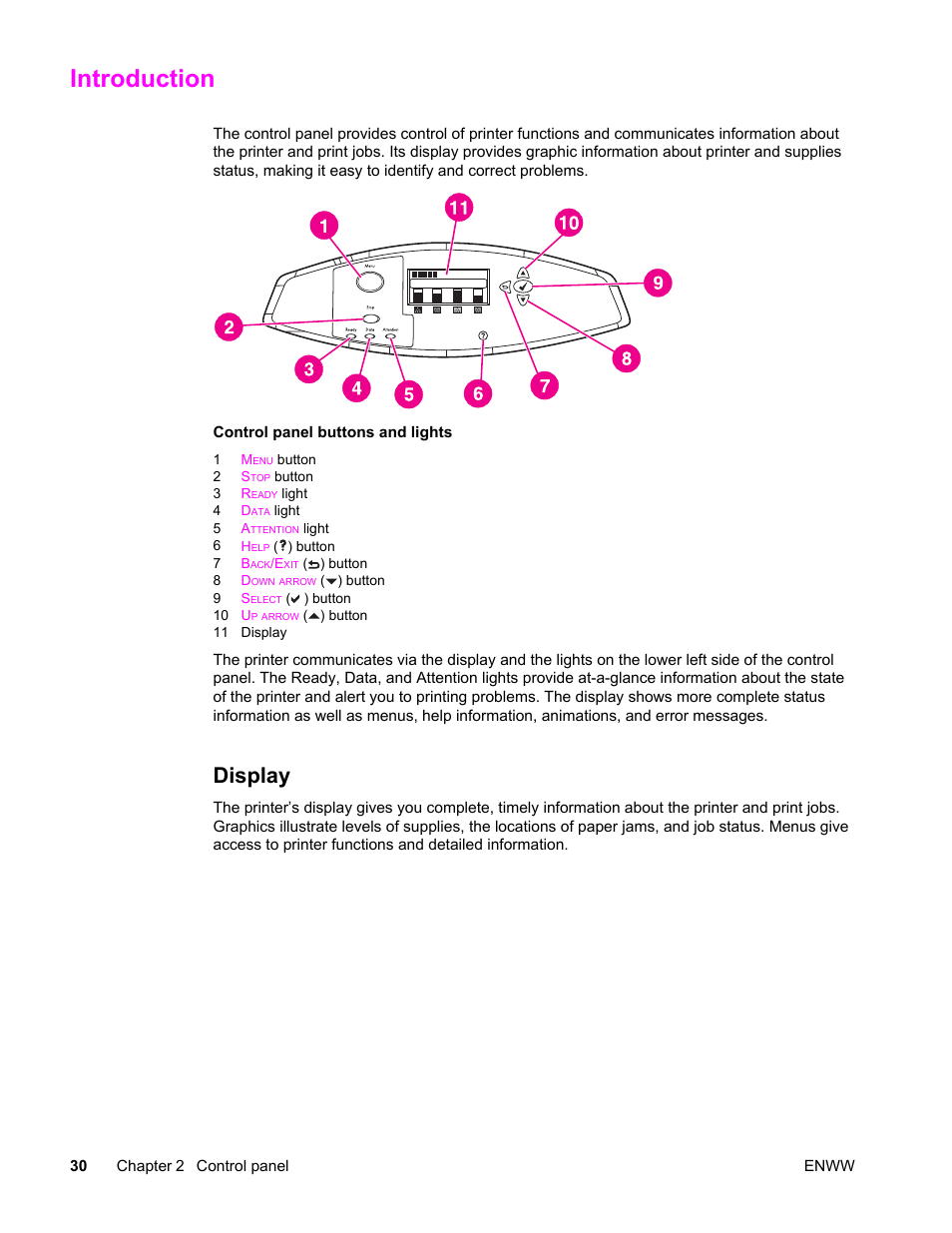Introduction, Display | HP Color LaserJet 4650 Printer series User Manual | Page 44 / 276