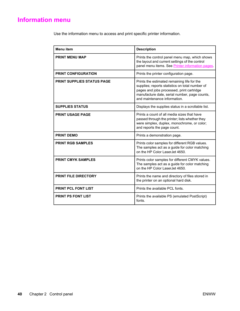 Information menu | HP Color LaserJet 4650 Printer series User Manual | Page 54 / 276